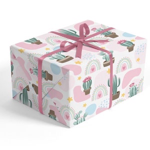 Papel de embrulho de cacto floral - chá de bebê do sudoeste, cacto rosa e verde, cacto e arco-íris, papel de embrulho para bebê, papel de aniversário para menina