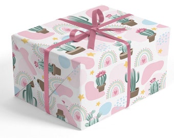 Blumenkaktus-Geschenkpapier - Southwestern Babyparty, rosa und grüner Kaktus, Kaktus und Regenbogen, Baby-Geschenkpapier, Mädchen-Geburtstagspapier