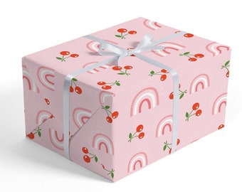 Cherry Wrapping Paper - Rainbow Wrapping Paper, Fruit Gift Wrap, Retro Birthday Paper, Baby Shower Gift Wrap, Pink Gift Wrap Paper for Girls