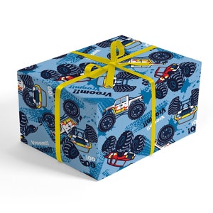 Monstertruck Geschenkpapier - Monstertruck Geburtstagsgeschenk, Geschenkverpackung für Jungen Geburtstag, Papier mit Fahrzeugen, zwei schnell, Monstertruck Bash