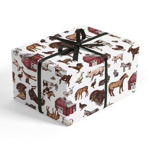 May include: White gift wrap with a black ribbon and a repeating pattern of farm animals and red barns. The animals include cows, pigs, chickens, turkeys, horses, and sheep.
