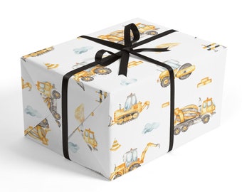 Construction Gift Wrapping Paper - Construction Birthday Party, Construction Baby Shower, Yellow Vehicles Paper, Birthday Gift Paper Sheets
