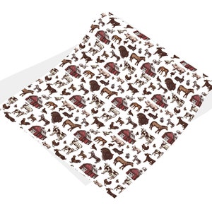 May include: A white background with a repeating pattern of farm animals and red barns. The animals include cows, pigs, chickens, goats, horses, and turkeys.