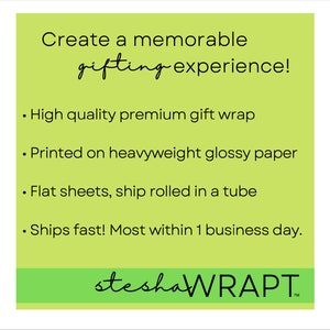 May include: A square image with a light green background and white text that reads "Create a memorable gifting experience!" and bullet points describing the gift wrap. The brand name "stesha WRAPT" is at the bottom.