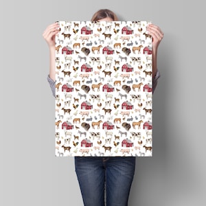 May include: A white background with a repeating pattern of farm animals and red barns. The animals include cows, pigs, chickens, goats, horses, and donkeys.