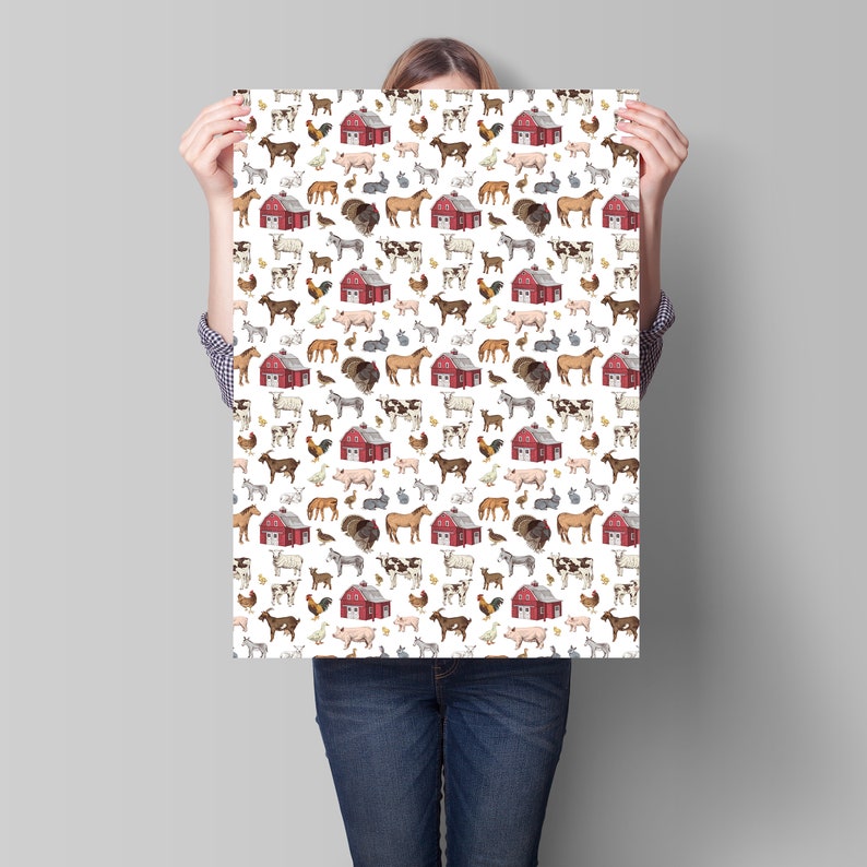 May include: A white background with a repeating pattern of farm animals and red barns. The animals include cows, pigs, chickens, goats, horses, and donkeys.