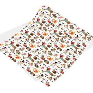 May include: A roll of white patterned paper featuring various dog breeds in sweaters, hats, and scarves. The dogs are in different poses, with the word "Woof" scattered throughout the design. The paper is rolled up, showing the pattern.