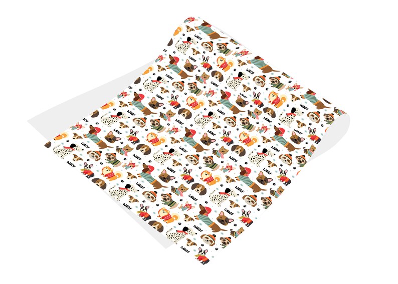 May include: A roll of white patterned paper featuring various dog breeds in sweaters, hats, and scarves. The dogs are in different poses, with the word "Woof" scattered throughout the design. The paper is rolled up, showing the pattern.