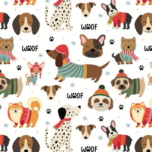 May include: A repeating pattern of various dog breeds, each wearing winter attire like sweaters, hats, and scarves. The dogs are set against a white background with snowflakes, paw prints, and the word "WOOF".