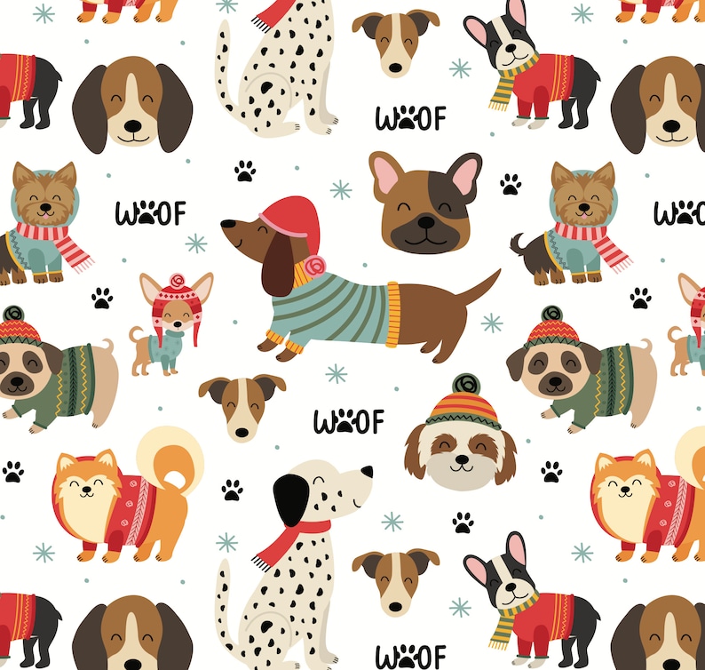 May include: A repeating pattern of various dog breeds, each wearing winter attire like sweaters, hats, and scarves. The dogs are set against a white background with snowflakes, paw prints, and the word "WOOF".