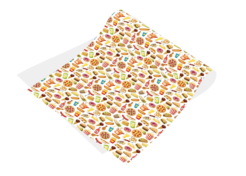 May include: A white background with a repeating pattern of various fast food items, including pizza, hot dogs, chips, doughnuts, ice cream cones, and hamburgers.