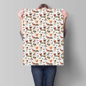 May include: A white poster with a repeating pattern of various dog breeds wearing winter clothing. The dogs are in different poses and colors, with the word "Woof" appearing throughout the design. The dogs are wearing hats, sweaters, and scarves.
