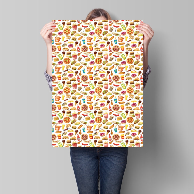 May include: A white background with a repeating pattern of various fast food items, including pizza, chips, hot dogs, hamburgers, ice cream cones, and soft drinks.