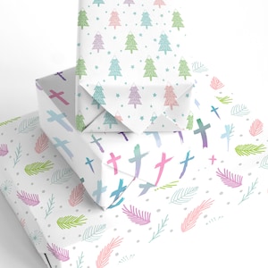 Pastel Christmas Wrapping Paper Bundle - Pastel Christmas Paper, Religious Cross Paper, Christian Gift, Paper for Her, Winter Wrapping Paper