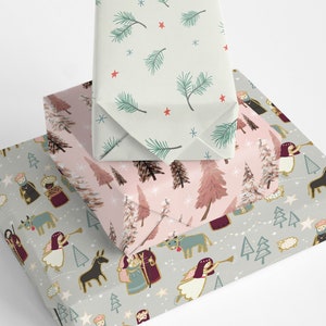 Lot de papier cadeau pour Noël - crèche, Noël à feuilles persistantes, arbres de Noël roses, papier cadeau pour les fêtes, cadeau de Noël pour elle