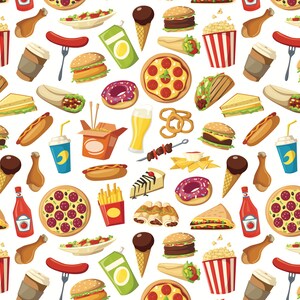 May include: A colourful seamless pattern featuring various fast food items, including pizza, burgers, chips, hot dogs, chicken, doughnuts, ice cream cones, and more. The pattern is perfect for use in a variety of creative projects.