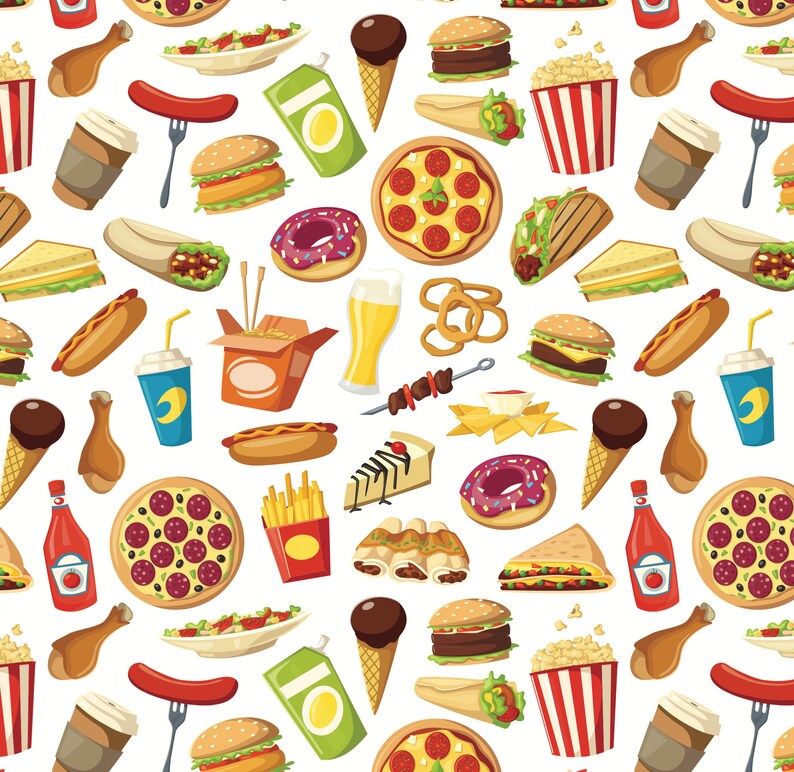 May include: A colourful seamless pattern featuring various fast food items, including pizza, burgers, chips, hot dogs, chicken, doughnuts, ice cream cones, and more. The pattern is perfect for use in a variety of creative projects.