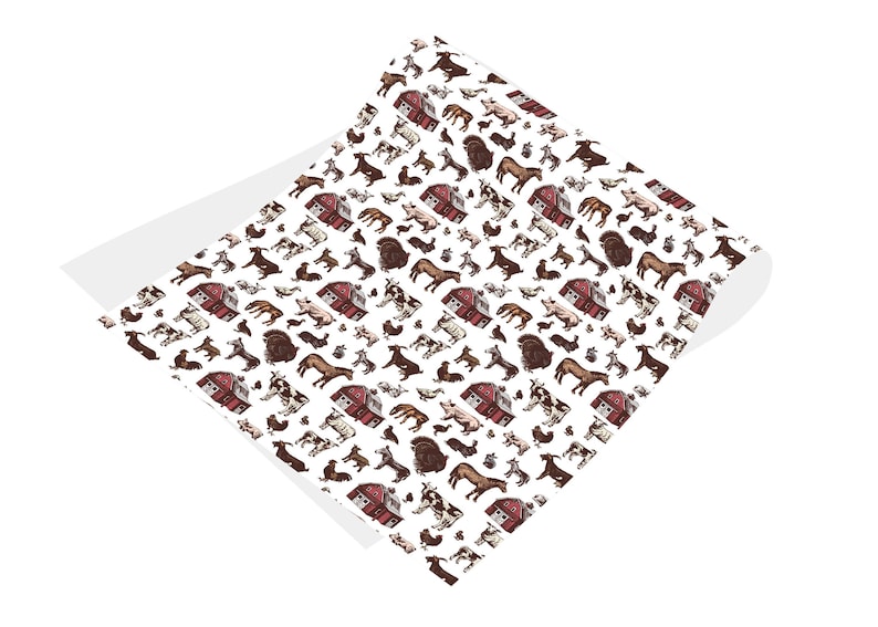 May include: A white background with a repeating pattern of farm animals and red barns. The animals include cows, pigs, chickens, goats, horses, and turkeys.