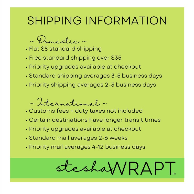 Puede incluir: Gr&aacute;fico verde y blanco con el texto "SHIPPING INFORMATION" y detalles sobre las tarifas y los plazos de env&iacute;o nacionales e internacionales. El texto tambi&eacute;n incluye "stesha WRAPT" con un s&iacute;mbolo de marca registrada.