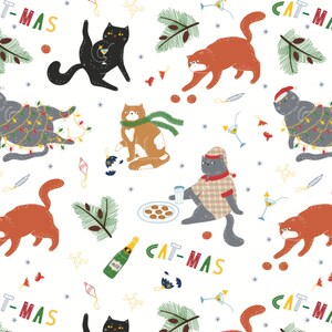 Puede incluir: Un patr&oacute;n sin costuras con gatos celebrando la Navidad. El patr&oacute;n incluye gatos con luces de Navidad, sosteniendo vasos de champ&aacute;n y comiendo galletas. El texto "CAT-MAS" se repite en todo el patr&oacute;n.