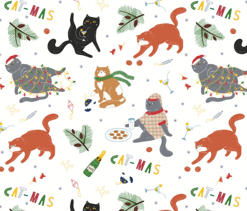Puede incluir: Un patr&oacute;n sin costuras con gatos celebrando la Navidad. El patr&oacute;n incluye gatos con luces de Navidad, sosteniendo vasos de champ&aacute;n y comiendo galletas. El texto "CAT-MAS" se repite en todo el patr&oacute;n.