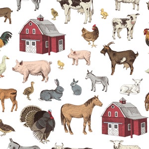 May include: A colorful illustration of a farm scene with various animals, including cows, pigs, chickens, goats, sheep, horses, rabbits, and a turkey. There are also two red barns with white doors and windows.