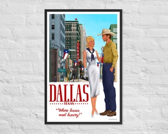 Póster de viaje vintage de Dallas, Texas / Póster de romance vaquero retro de mediados de siglo
