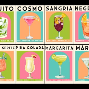 Vintage Inspired Cocktail Alcohol Poster Decor (Set of 8), Printable Wall Art, Home Wall Art Decor, Digital Print, Instant Download
