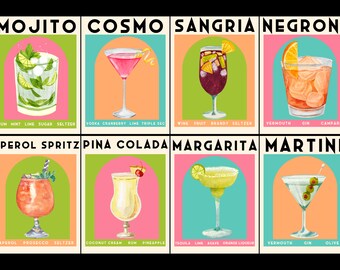 May include: A colourful illustration of ten popular cocktails with their ingredients listed below each image. The cocktails include Mojito, Cosmo, Sangria, Negroni, Aperol Spritz, Pina Colada, Margarita, and Martini.