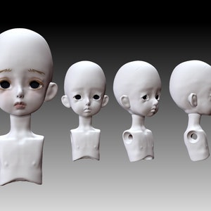 Puede incluir: Una cabeza y un torso de muñeca de porcelana blanca con una expresión triste. La muñeca se muestra desde la parte delantera, lateral y posterior.