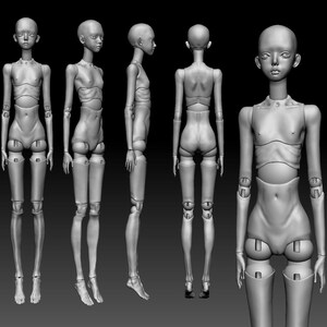 May include: A detailed, articulated, gray, plastic doll with a slender, human-like body. The doll has a long, thin neck, a small head, and long, slender limbs. The doll is posed in five different positions, showing the front, side, back, and three-quarter views.