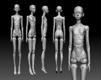 May include: A detailed, articulated, gray, plastic doll with a slender, human-like body. The doll has a long, thin neck, a small head, and long, slender limbs. The doll is posed in five different positions, showing the front, side, back, and three-quarter views.