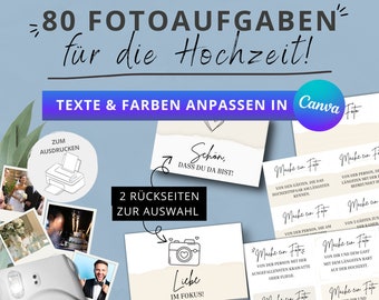 Canva Template | 80 Fotoaufgaben zur Hochzeit PDF Download zum Ausdrucken - Hochzeitsspiel zum Kennenlernen - Fotospiel/Fotobox Karten - A4