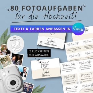 Canva Template | 80 Fotoaufgaben zur Hochzeit PDF Download zum Ausdrucken - Hochzeitsspiel zum Kennenlernen - Fotospiel/Fotobox Karten - A4