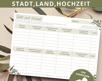 Hochzeitsspiel:"Stadt Land Hochzeit" als PDF-Download A4 + A5 inkl. Willkommensschild - Zuhause sofort Ausdrucken - JGA Spiel - Olive Design