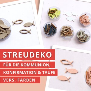 Holzfische als Streudeko für Kommunion, Konfirmation, Taufe | natur, rosa, grau, blau, grün | Fische für Karten/Gestecke basteln | 16 Stk
