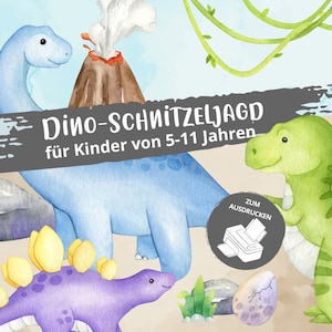 Dino-speurtocht PDF om af te drukken | Schattenjacht dinosaurussen | Schatzoeken kinderverjaardag vanaf 5 jaar | verschillende niveaus | Binnen