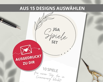 10 JGA Spiele Set als hochwertiger Ausdruck zu Dir nach Hause! - JGA Aufgaben Bingo, Tabu, Fotochallenge - aus 15 modernen Designs auswählen