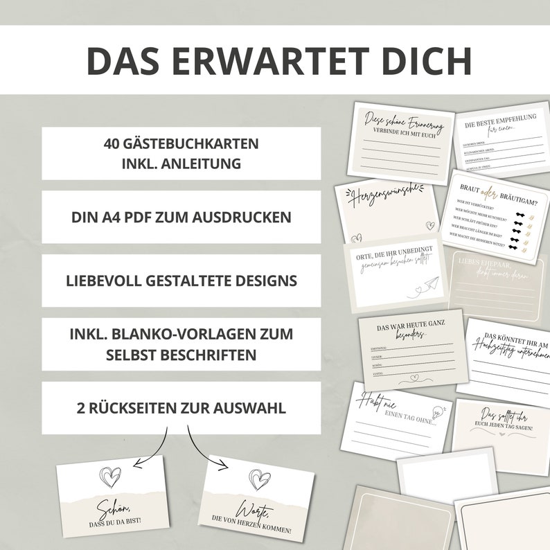 40 Gästebuchkarten zur Hochzeit PDF Download Blanko Vorlagen zum Ausdrucken DIY Gästebuch Vorlagen Fragekarten als Hochzeitsgeschenk Bild 2