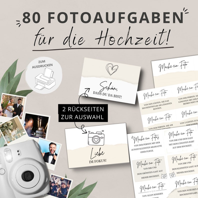 80 Fotoaufgaben zur Hochzeit PDF Download Blanko Vorlagen zum Ausdrucken Hochzeitsspiel zum Kennenlernen Fotospiel/Fotobox Karten A4 zdjęcie 1