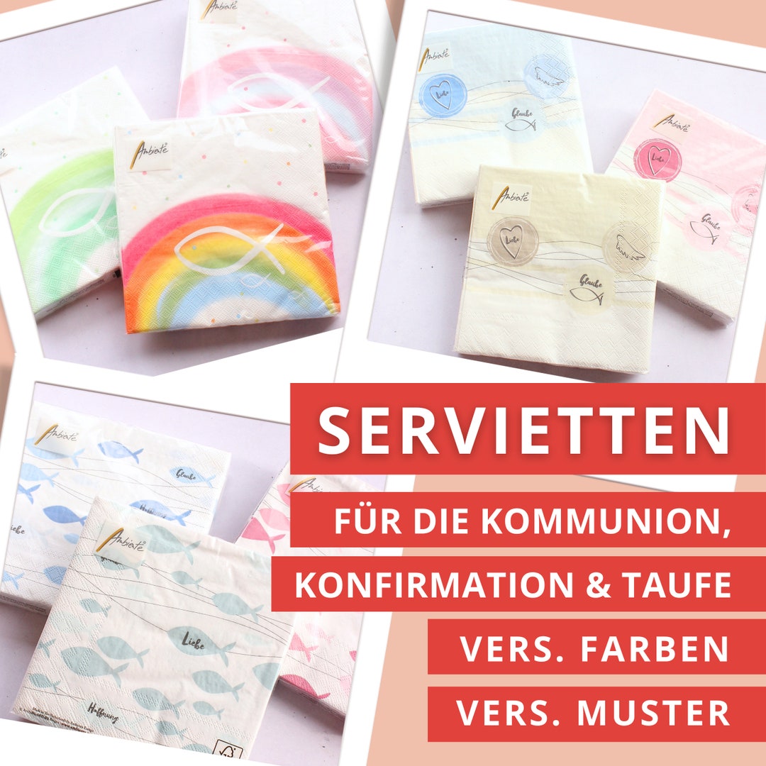 Kommunions-Servietten Mit Fisch & Regenbogen – 40 Stück, 33x33 Cm, Für Taufe & Konfirmation