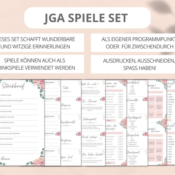 JGA Spiele zum Drucken - Braut Bingo + Geheime Missionen Mitspieler - Romantisches Design Junggesellinnenabschied - Team Braut JGA Aufgaben