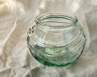 Vintage green glass round vase / thick glass circular vase with swirl design