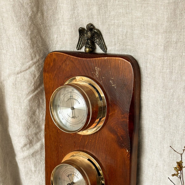 Vintage barometer / wooden and brass barometer / weather wall clock  / Clock Barometer Temperature Weather Station