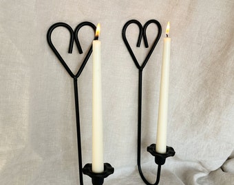 Vintage black metal wall candle holders / candlestick sconces / heart shaped / perfect for a girls room