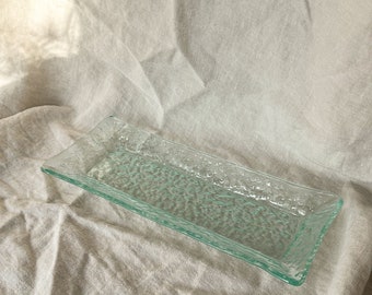 Vintage blown glass tray / small glass tray / bathroom tray / textured glass / seeded glass / green glass