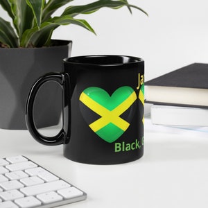 JAMAICA LOVE MUG - Glossy Black Colorful Coffee Hearts Mug - Ceramic Microwave Safe Coffee Cup - Jamaica Flag 11oz and 15oz Mug