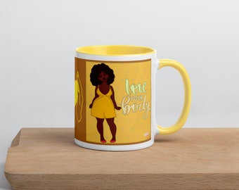 LOVE YOUR BODY Mug - Taza de café colorida de dos tonos Taza de mango colorido - Taza de café brillante - Taza de café impresa en corazón - Regalo para novia