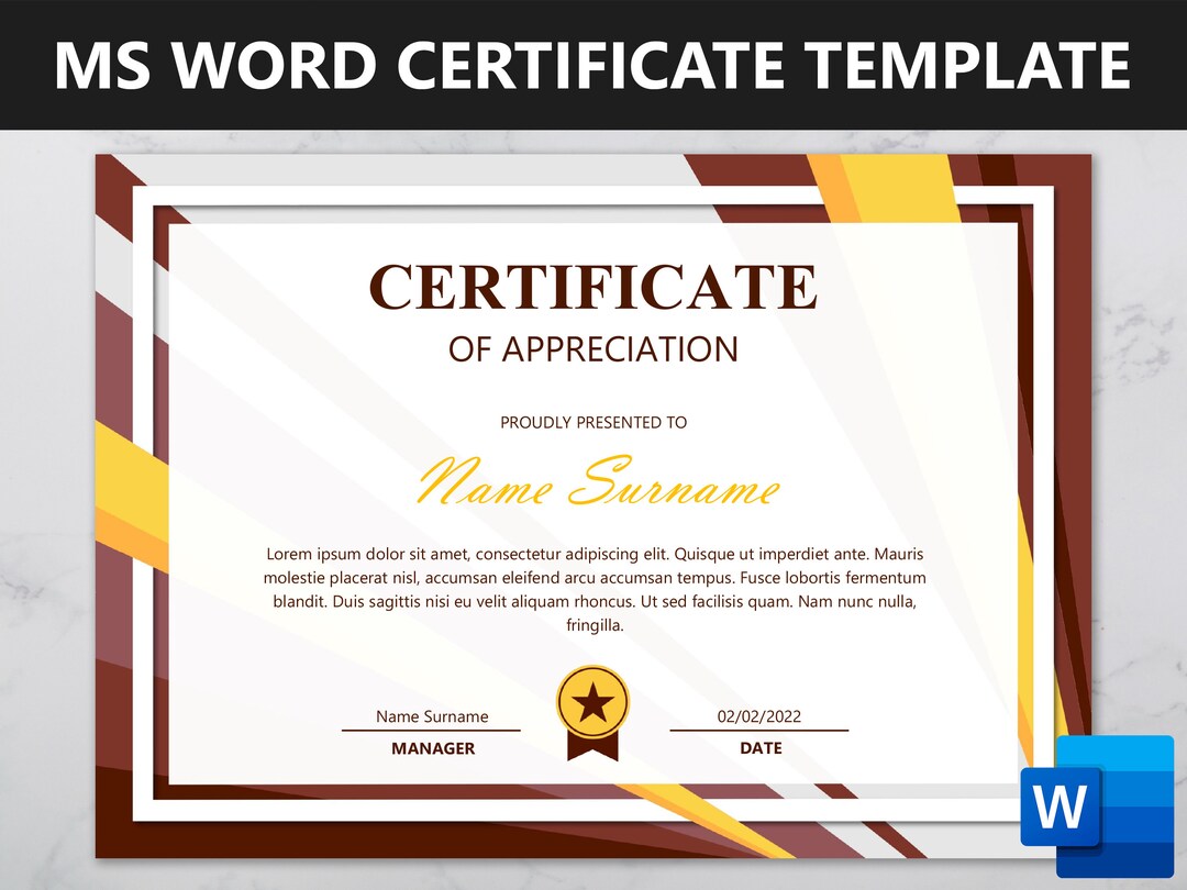 Microsoft Word Certificate Template, Editable Certificate of Achievement, Completion, Recognition, Participation, Crimson and Yellow - Etsy Microsoft Word Certificate Template, Editable Certificate of Achievement, Completion, Recognition, Participation, Crimson and Yellow - Etsy