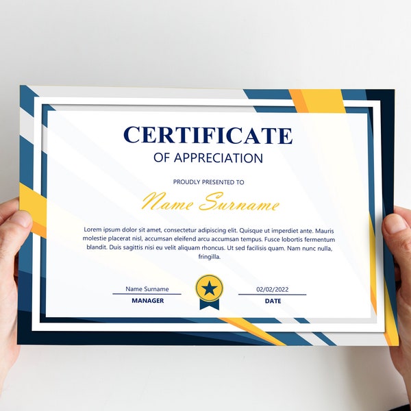 Microsoft Word Certificate Template, Editable Certificate of Achievement, Completion, Recognition, Participation, Blue and Yellow